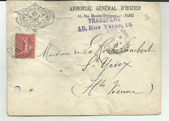 1907 lettre Armorial Génèral d' Hozier